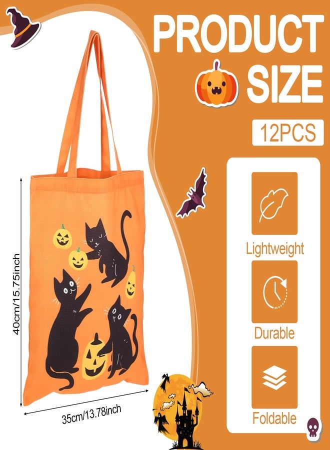 Yeyeplum 12 Pcs Large Halloween Canvas Tote Bags Bulk 15.75" Reusable Trick or Treat Goodie Candy Bags Pumpkin Boo Ghosts Black Cat Skull Castle Grocery Shopping Tote Gift for Halloween Party Supplies - Image 2
